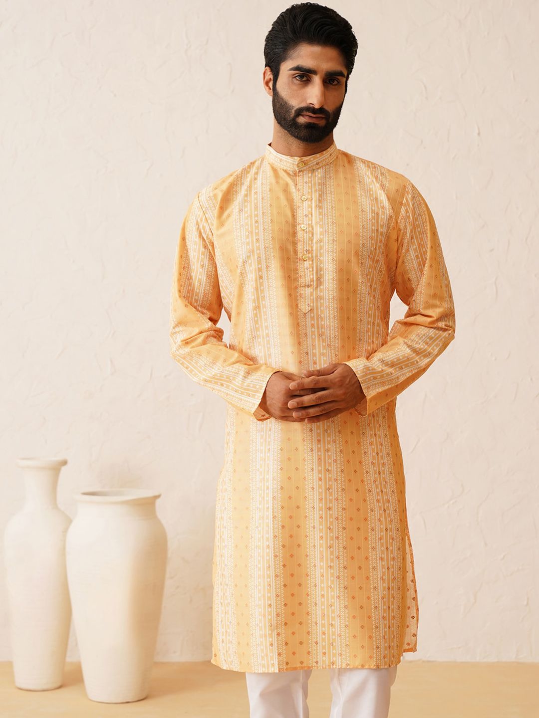 SOJANYA Geometric Printed Mandarin Collar Cotton Silk Straight Kurta