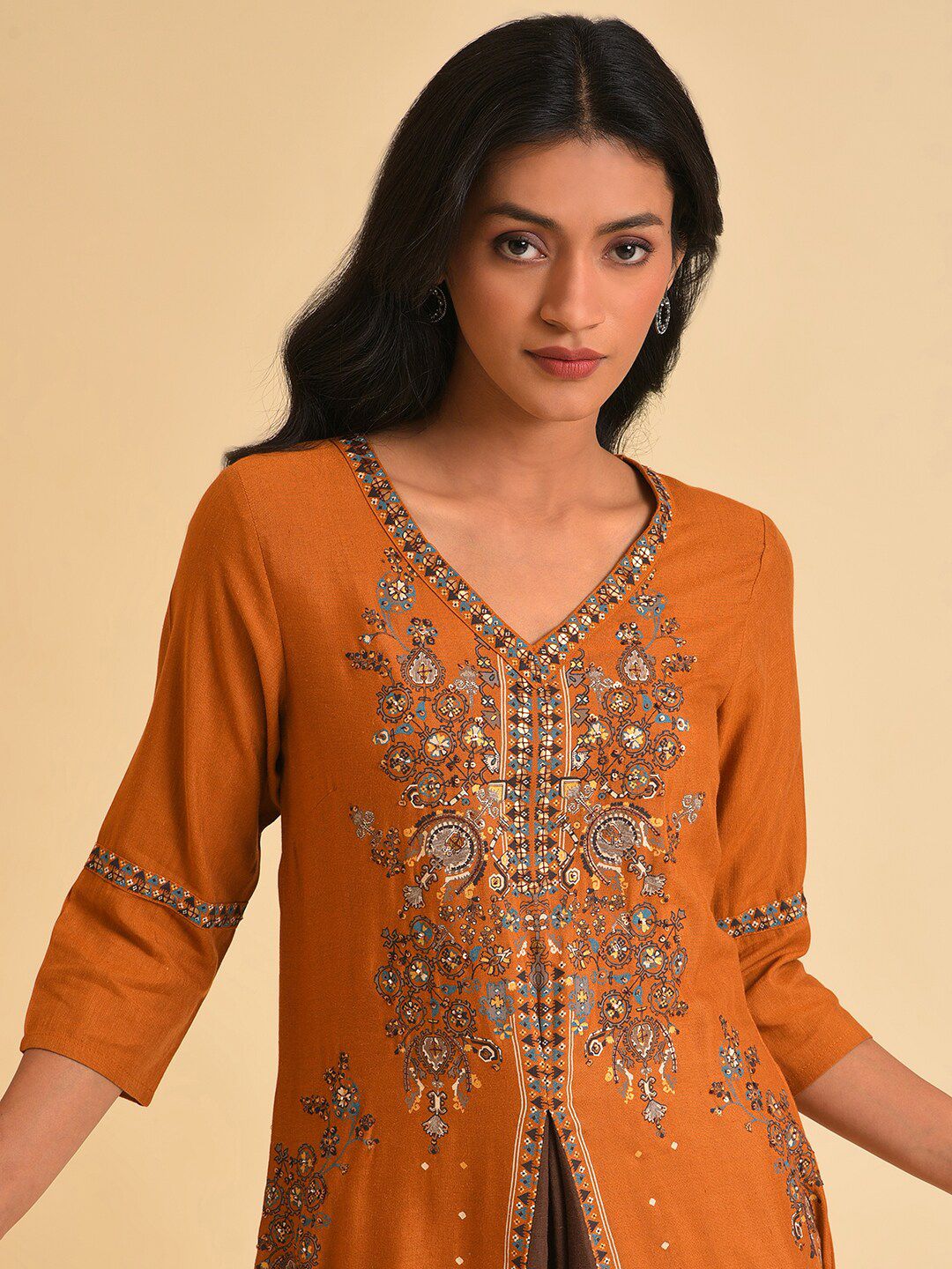 W Rust & Brown Ethnic Motifs Printed Sequined Layered A-Line Kurta