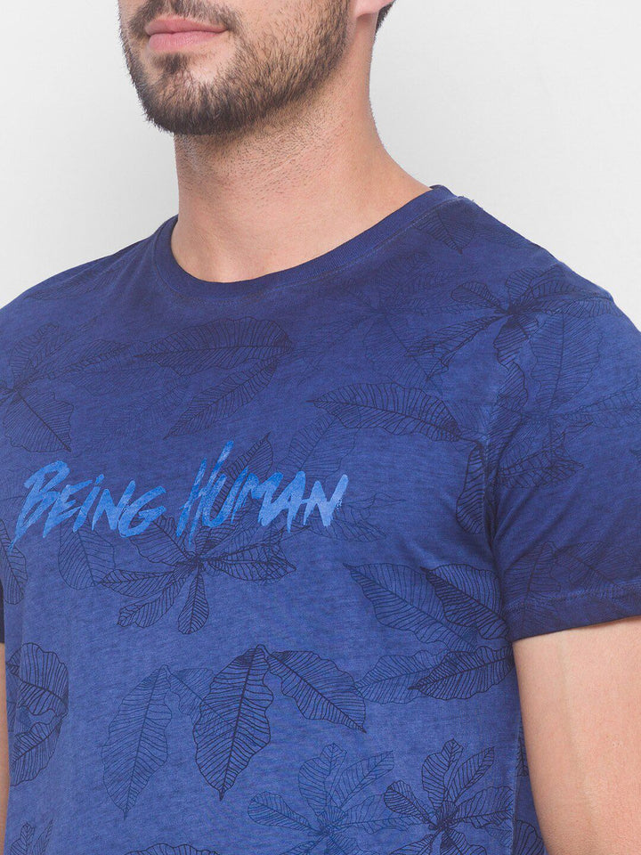 Being Human Men Navy Blue Typography Printed Pure Cotton T-shirt