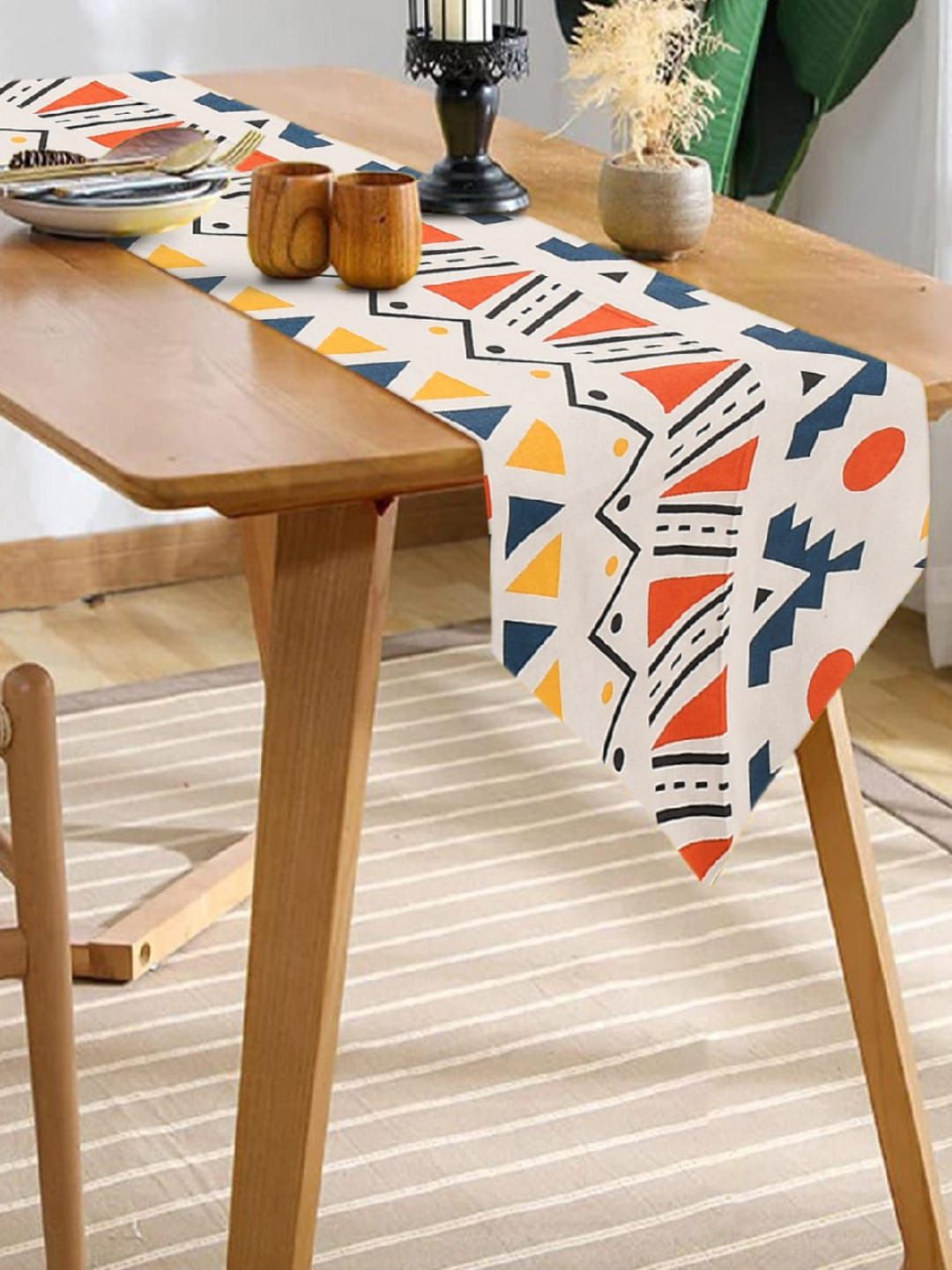 URBAN SPACE Grey & Blue Geometric Printed 6-Seater Cotton Table Runner