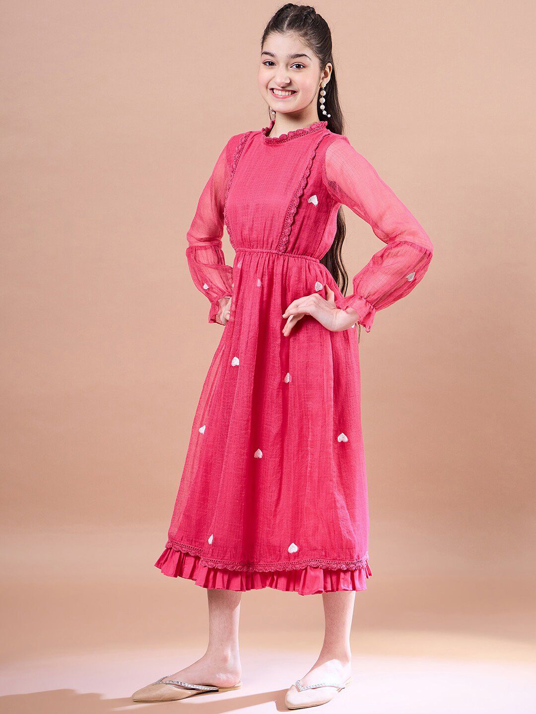 pspeaches Girls Round Neck Puff Sleeves Fit & Flare Midi Dress