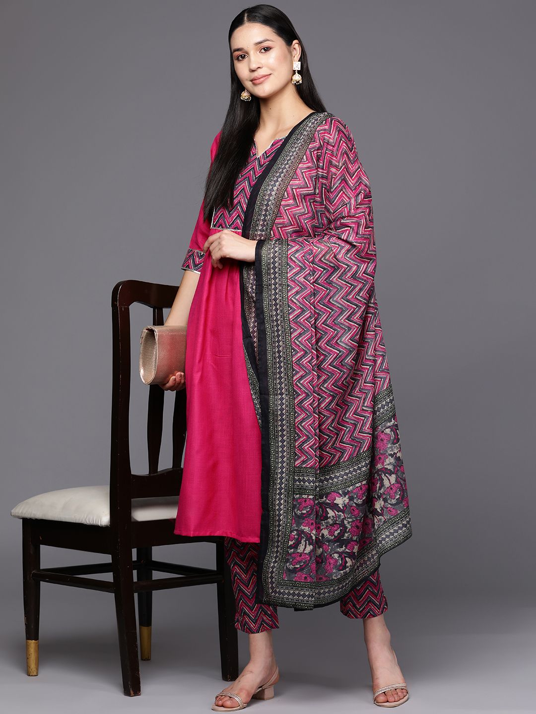 Libas Women Pink Yoke Design Gotta Patti Kurta with Trousers & With Dupatta