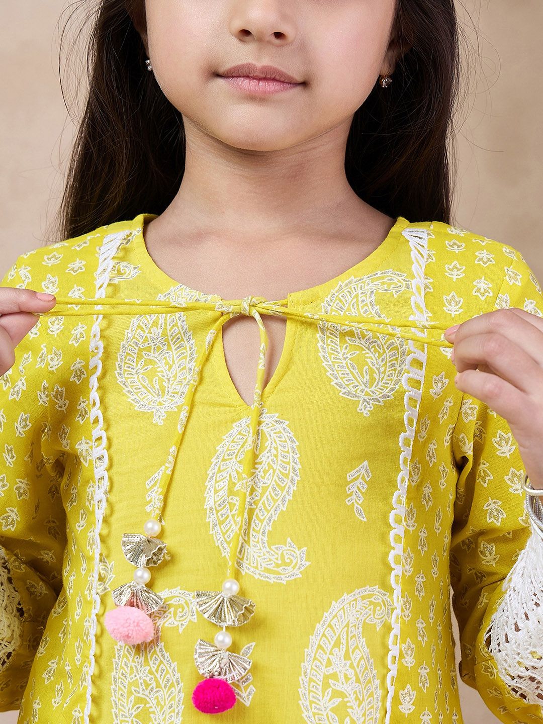 pspeaches Girls Paisley Printed Tie-Up Neck A-Line Kurta With Trousers