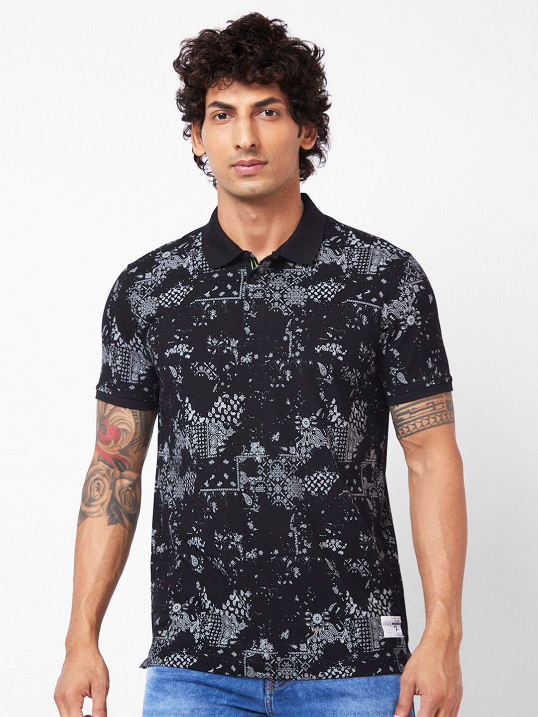 SPYKAR Abstract Printed Polo Collar Slim Fit T-shirt
