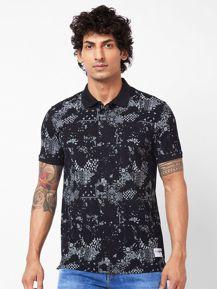 SPYKAR Abstract Printed Polo Collar Slim Fit T-shirt