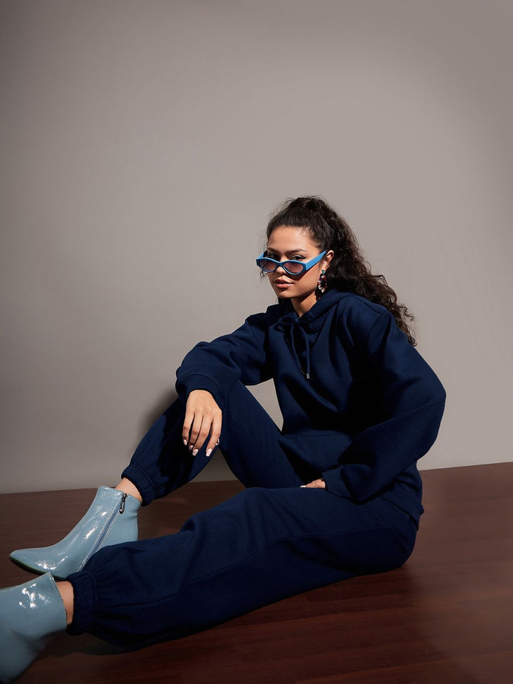 SASSAFRAS Women Navy Blue Relaxed Fit Mid-Rise Fleece Joggers