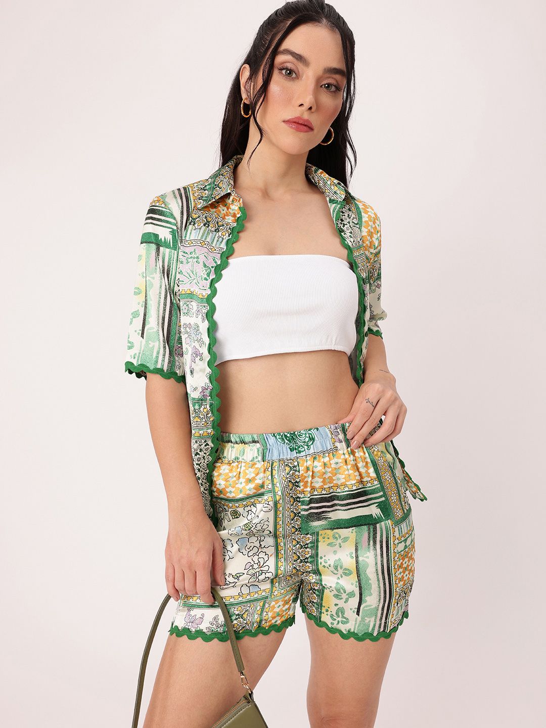 DressBerry Boho Bliss Printed Shirt With Trousers & Tube Top