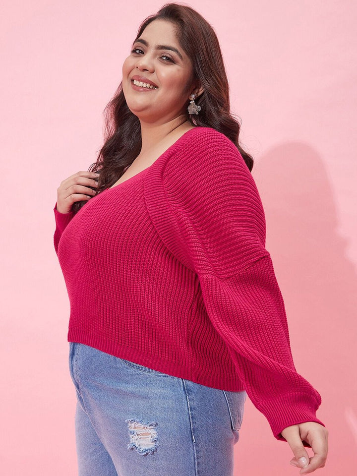 CURVY STREET Women Plus Size Ribbed Acrylic Crop Pullover
