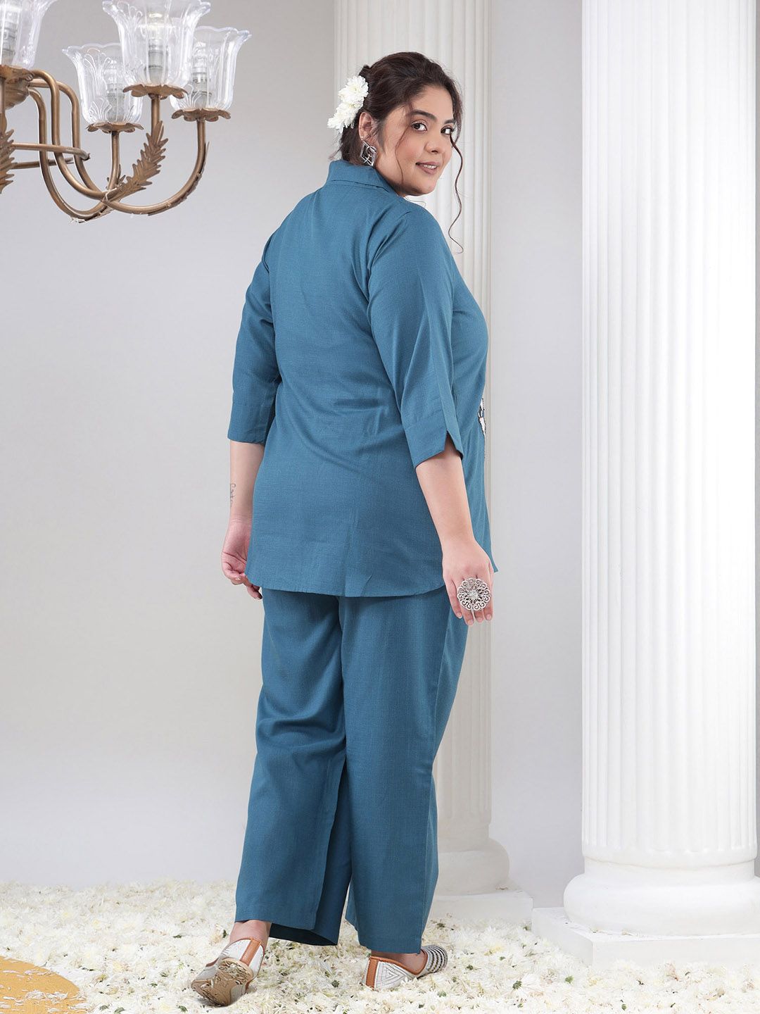 Bani Women Plus Size Floral Embroidered Shirt and Palazzos