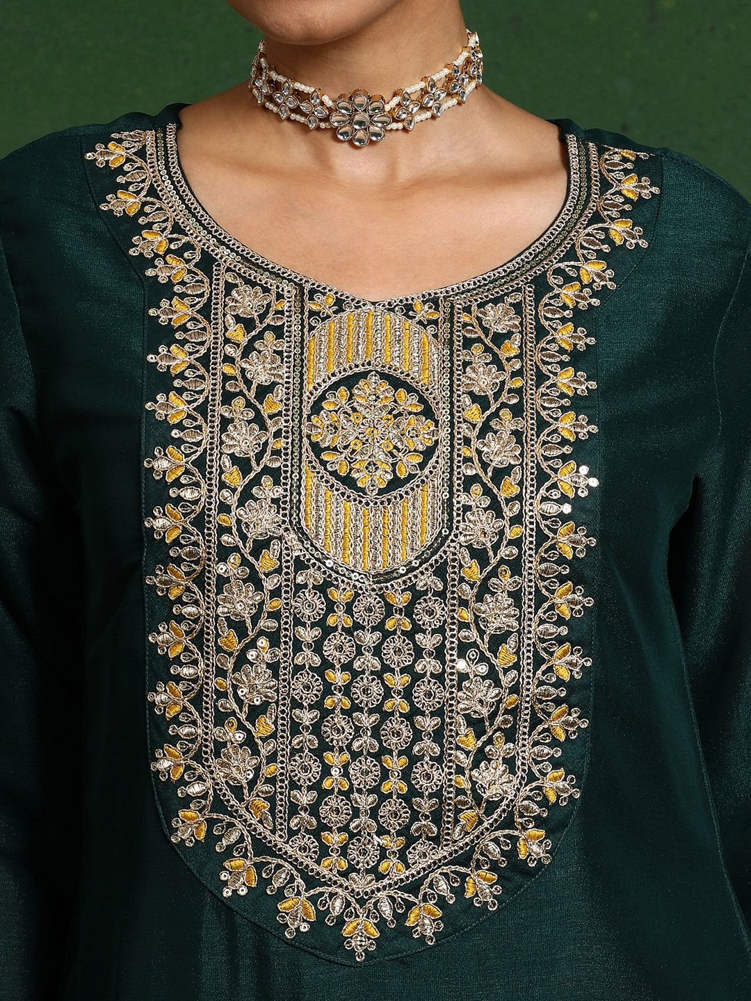 Varanga Floral Embroidered Cotton Silk Zari Work Straight Kurta With Trousers & Dupatta