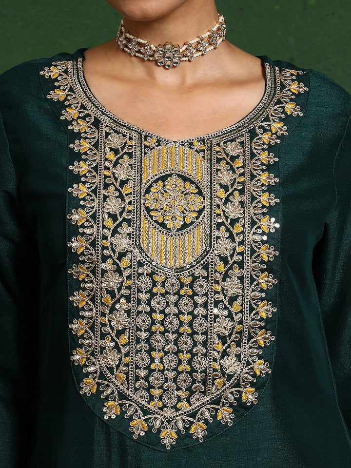 Varanga Floral Embroidered Cotton Silk Zari Work Straight Kurta With Trousers & Dupatta