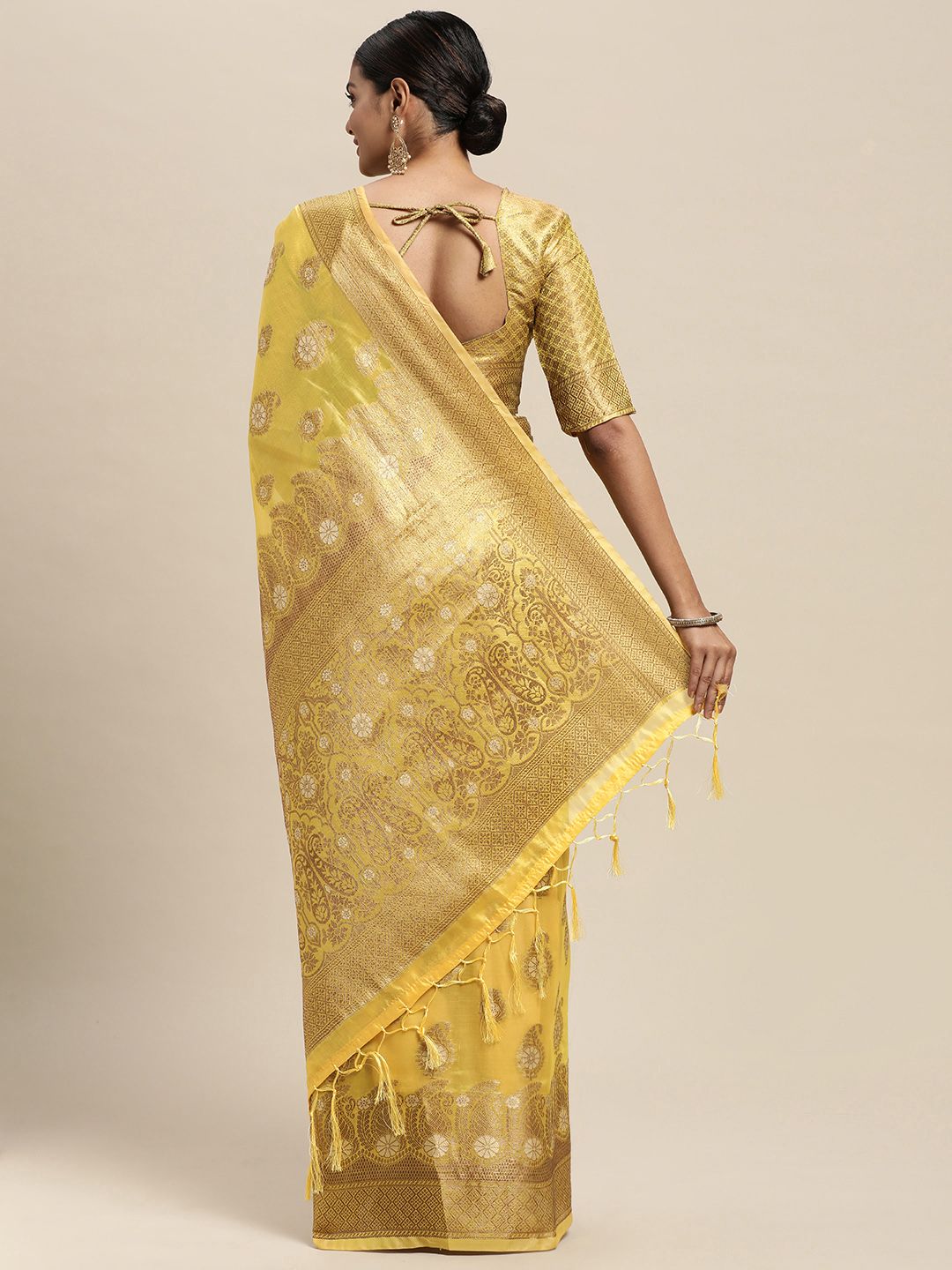Saree mall Yellow Paisley Silk Blend Banarasi Saree