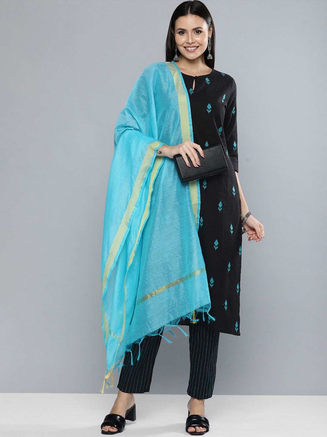 Vishudh Women Black Solid Kurta with Trousers & Dupatta