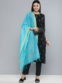Vishudh Women Black Solid Kurta with Trousers & Dupatta