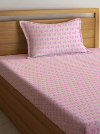 KLOTTHE Pink Geometric Printed 300 TC Fitted Single Bedsheet With Pillow Cover