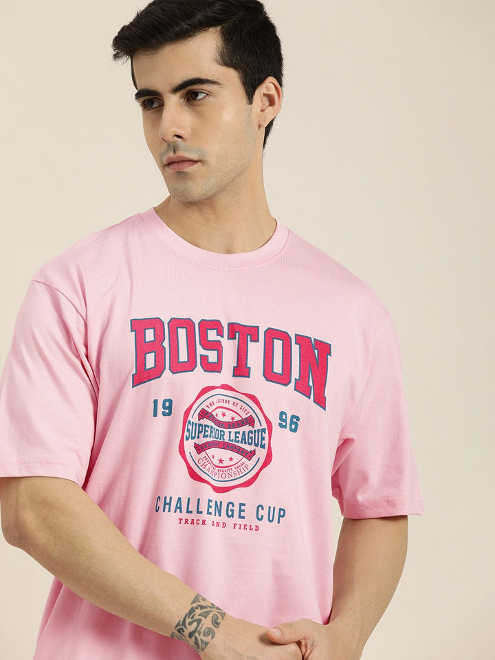 DILLINGER Men Pink & Blue Printed Drop-Shoulder Sleeves Pure Cotton Oversized  T-shirt