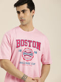 DILLINGER Men Pink & Blue Printed Drop-Shoulder Sleeves Pure Cotton Oversized  T-shirt