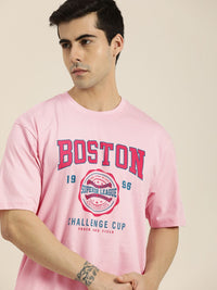 DILLINGER Men Pink & Blue Printed Drop-Shoulder Sleeves Pure Cotton Oversized  T-shirt