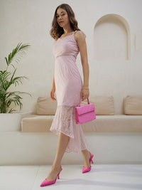 Berrylush Pink Self Design High-Low Midi Dress
