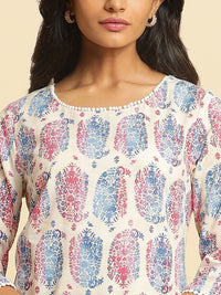 W Round Neck Ethnic Motifs Printed Cotton Straight Kurta