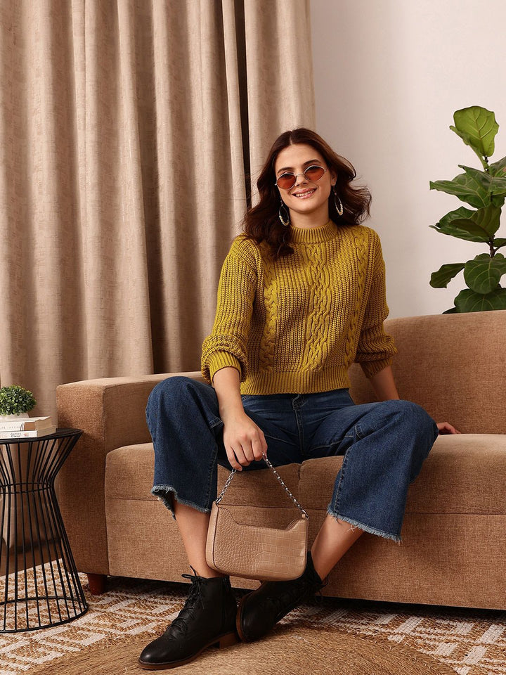 STREET 9 Self Design Round Neck Long Sleeve Acrylic Cable Knit Pullover Sweaters