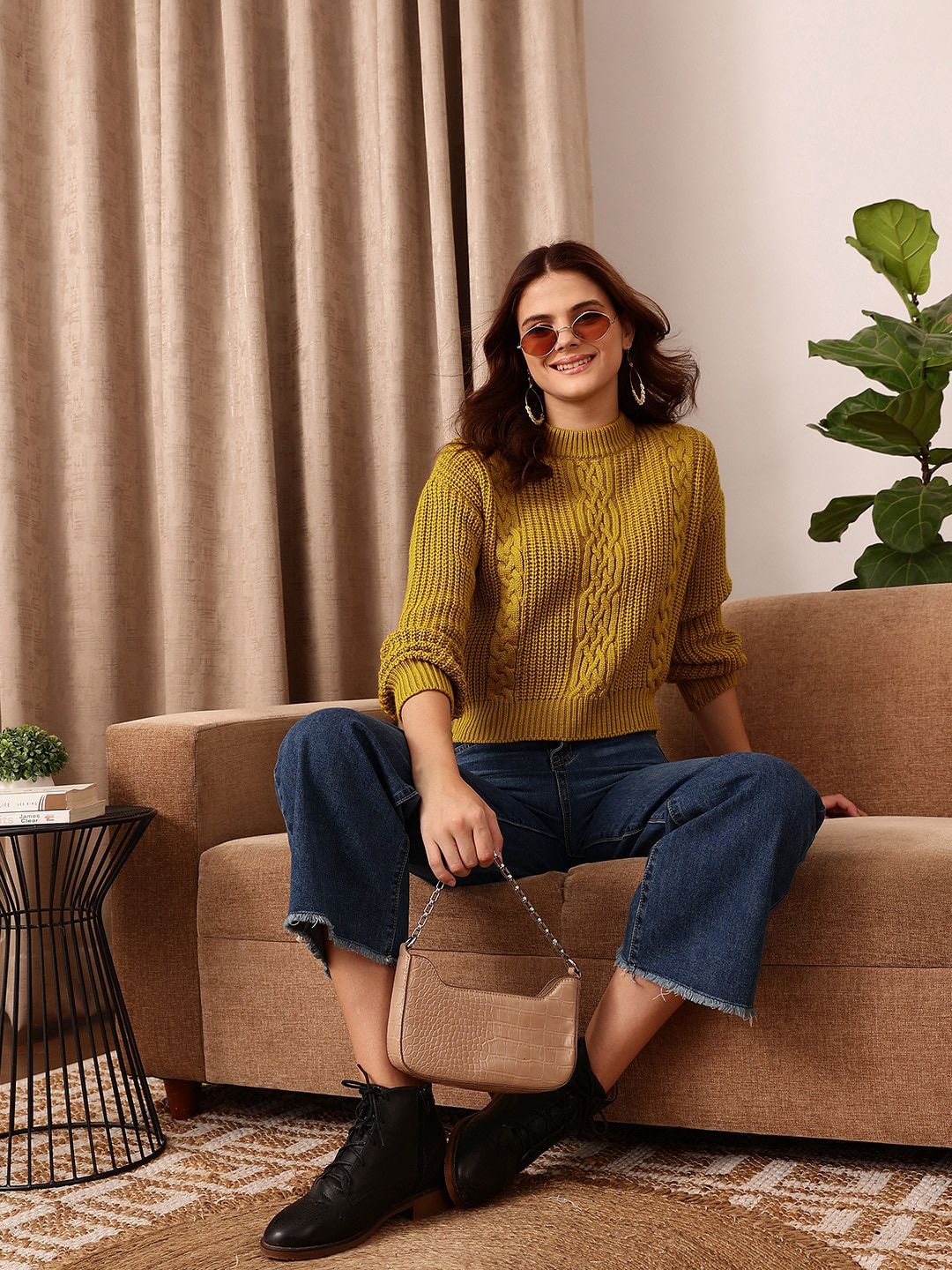 STREET 9 Self Design Round Neck Long Sleeve Acrylic Cable Knit Pullover Sweaters