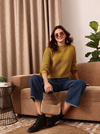 STREET 9 Self Design Round Neck Long Sleeve Acrylic Cable Knit Pullover Sweaters
