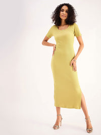 SASSAFRAS BASICS Khaki Striped Cotton Midi Sheath Dress