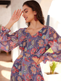 STREET 9 Floral Printed Puffed Sleeves Ruflles Georgette Cut-Out Maxi Dress