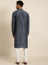 SOJANYA Men Charcoal Grey & Off White Ethnic Motifs Kurta