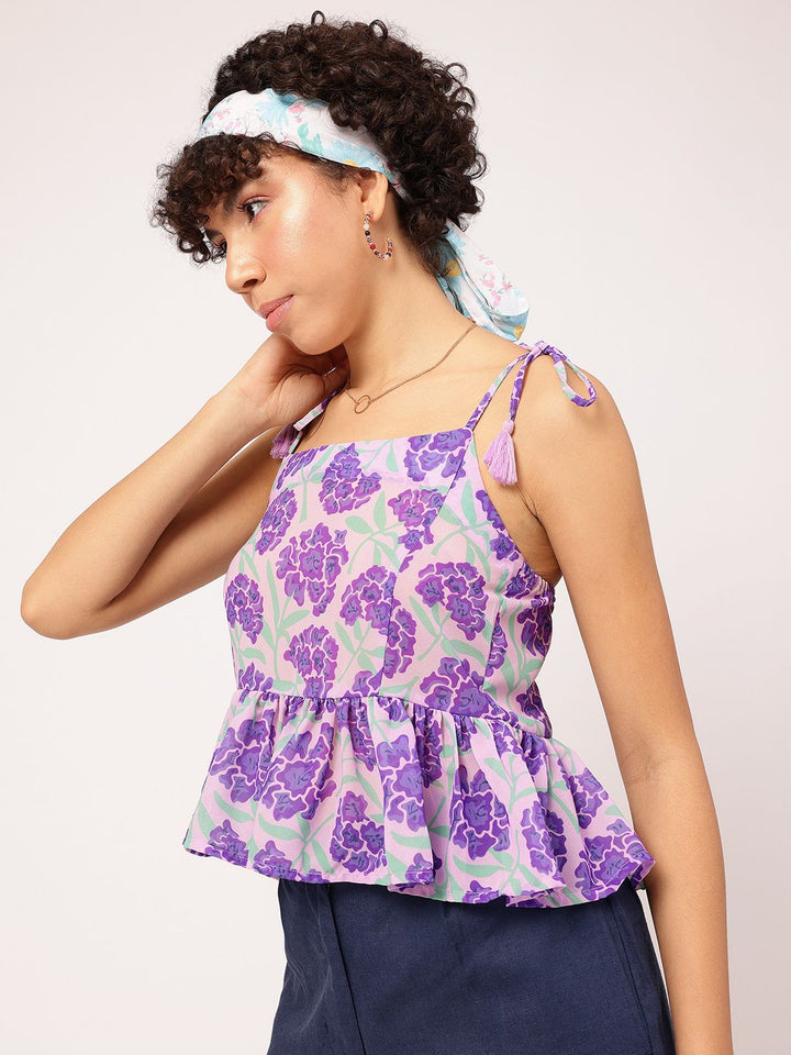 DressBerry Blossom-Brigade Floral Printed Shoulder Straps Peplum Top