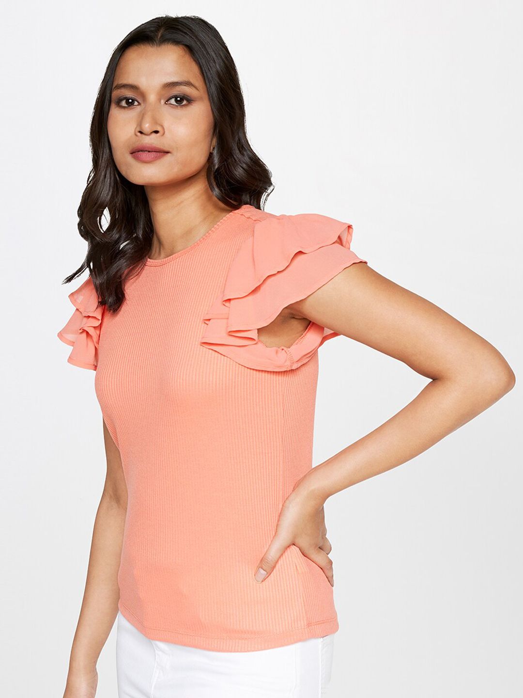 AND Flutter Sleeves Round Neck Regular Top