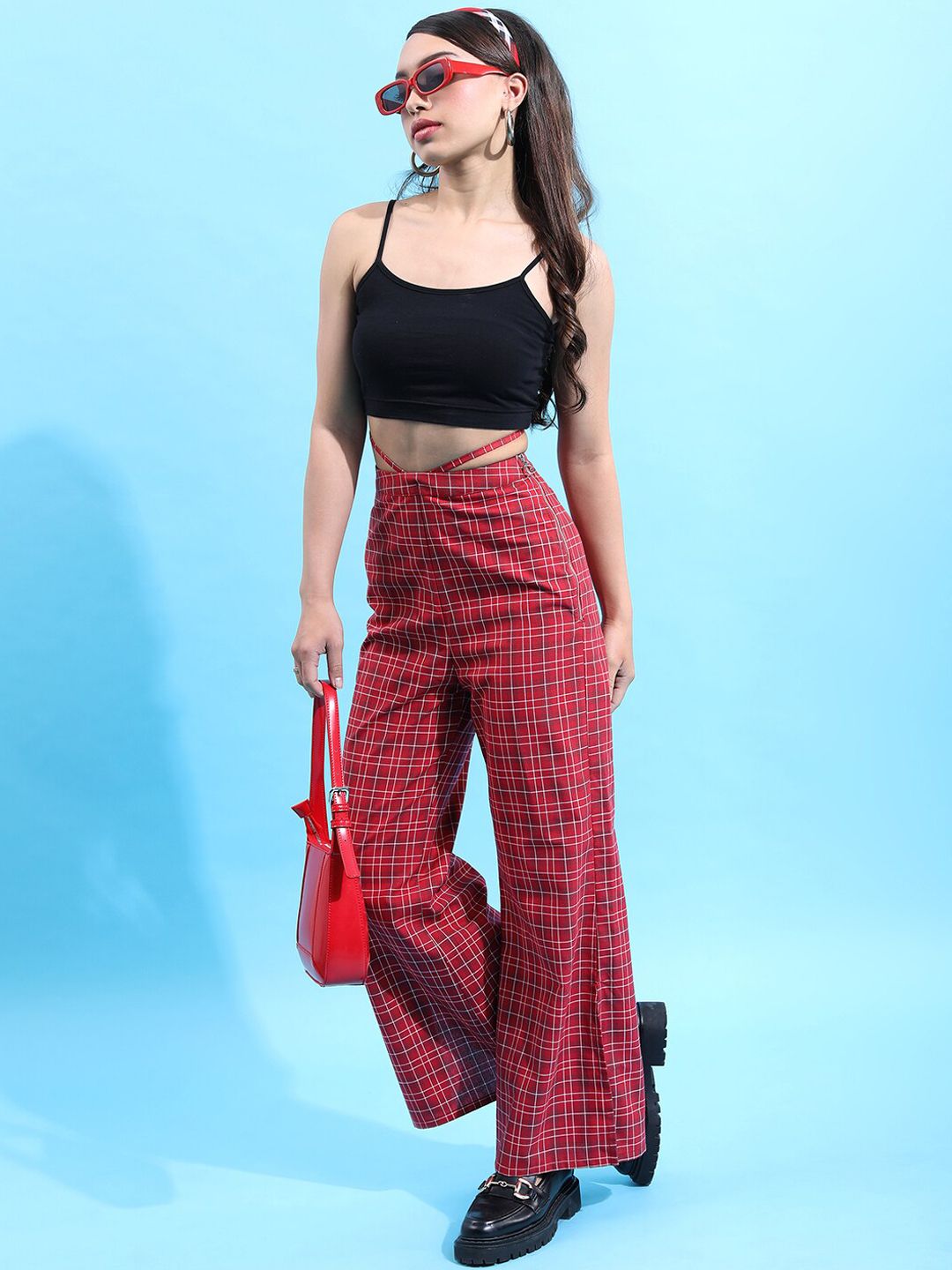 Tokyo Talkies Women Maroon Checked Flared Trousers