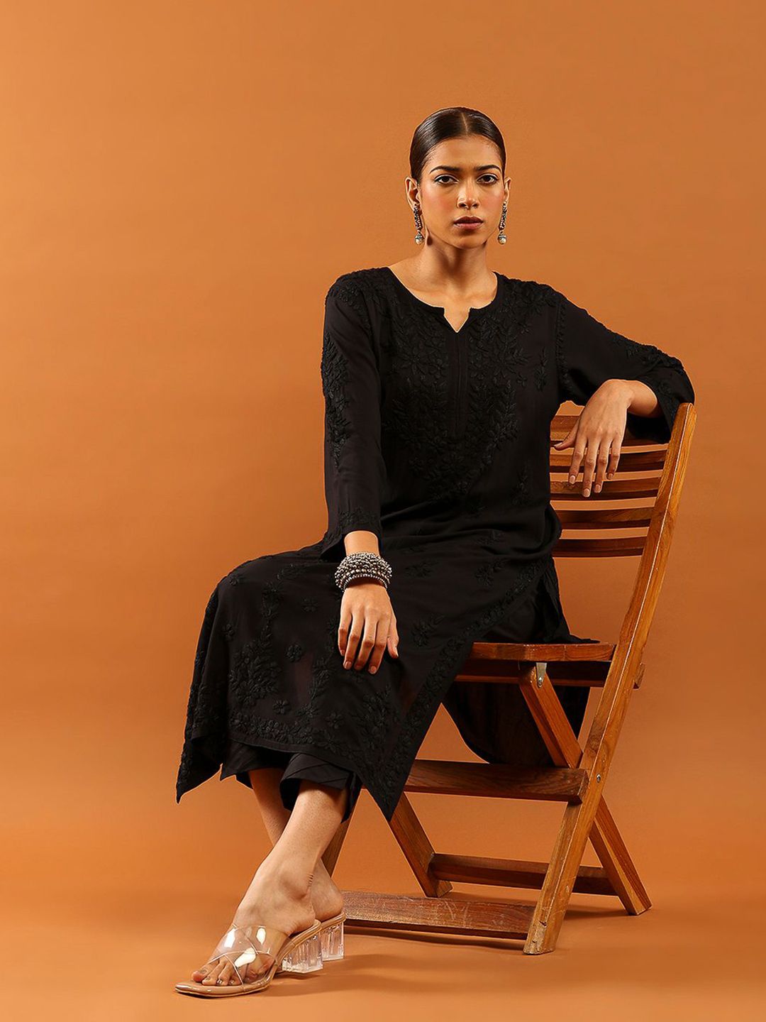 House of Chikankari Women Black Modal Chikankari Embroidered Kurta