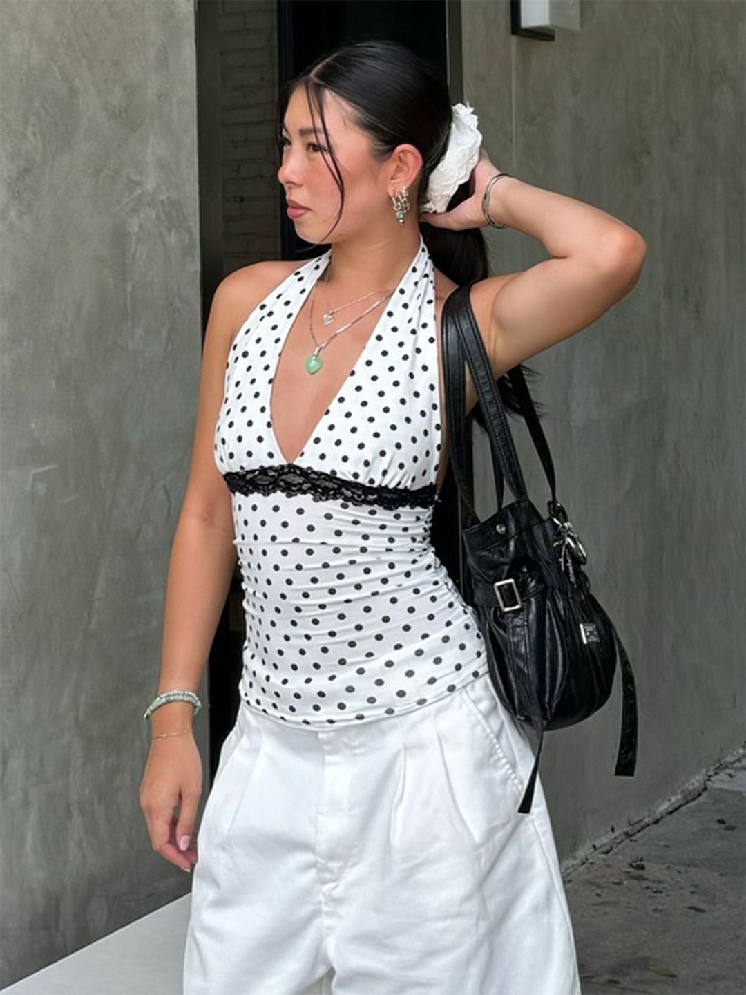 DressBerry Women Polka Dots Printed Lace Inserts Halter Neck Top