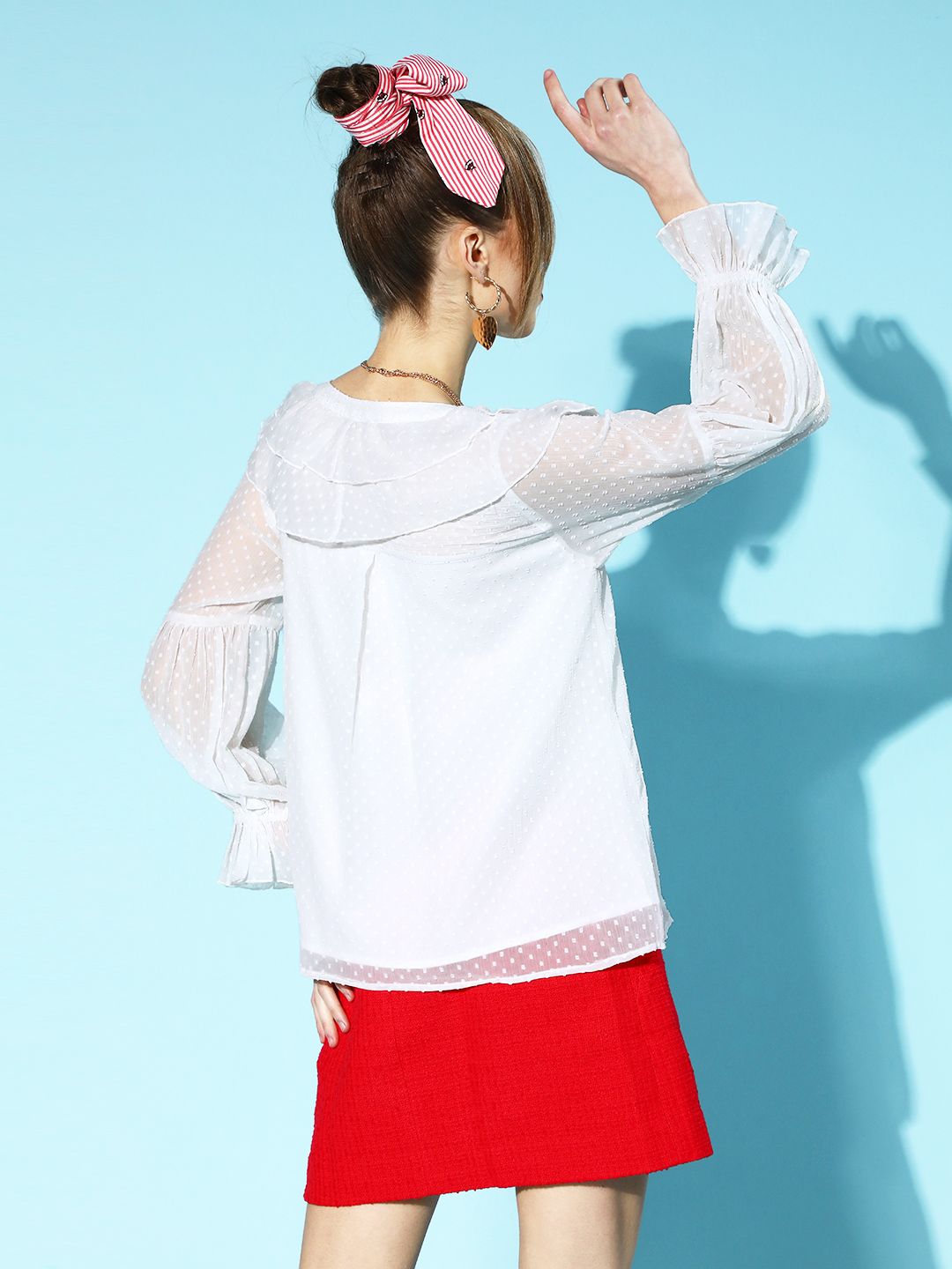 Antheaa Women Classic White Self-Design Ruffled Top