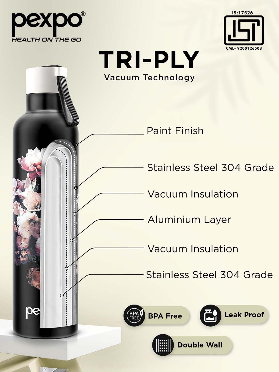 Pexpo Black OSLO-ISI Certified Thermosteel Floral Hot and Cold Flask Water Bottle 750 ml