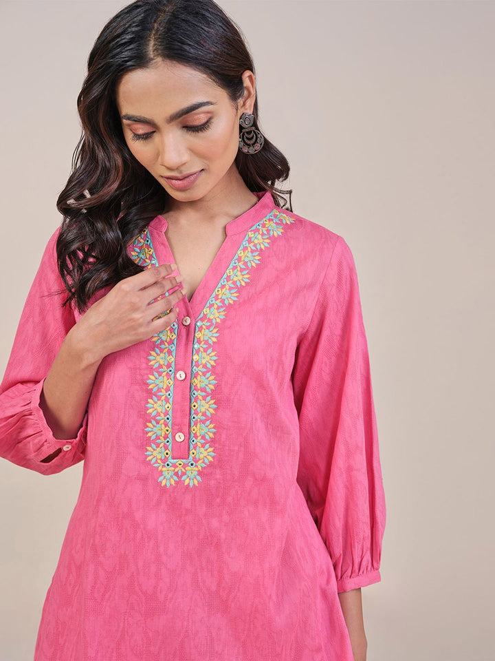 Global Desi Abstract Printed Thread Work Mandarin Collar Pure Cotton Top With Trouser