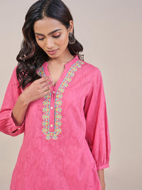 Global Desi Abstract Printed Thread Work Mandarin Collar Pure Cotton Top With Trouser