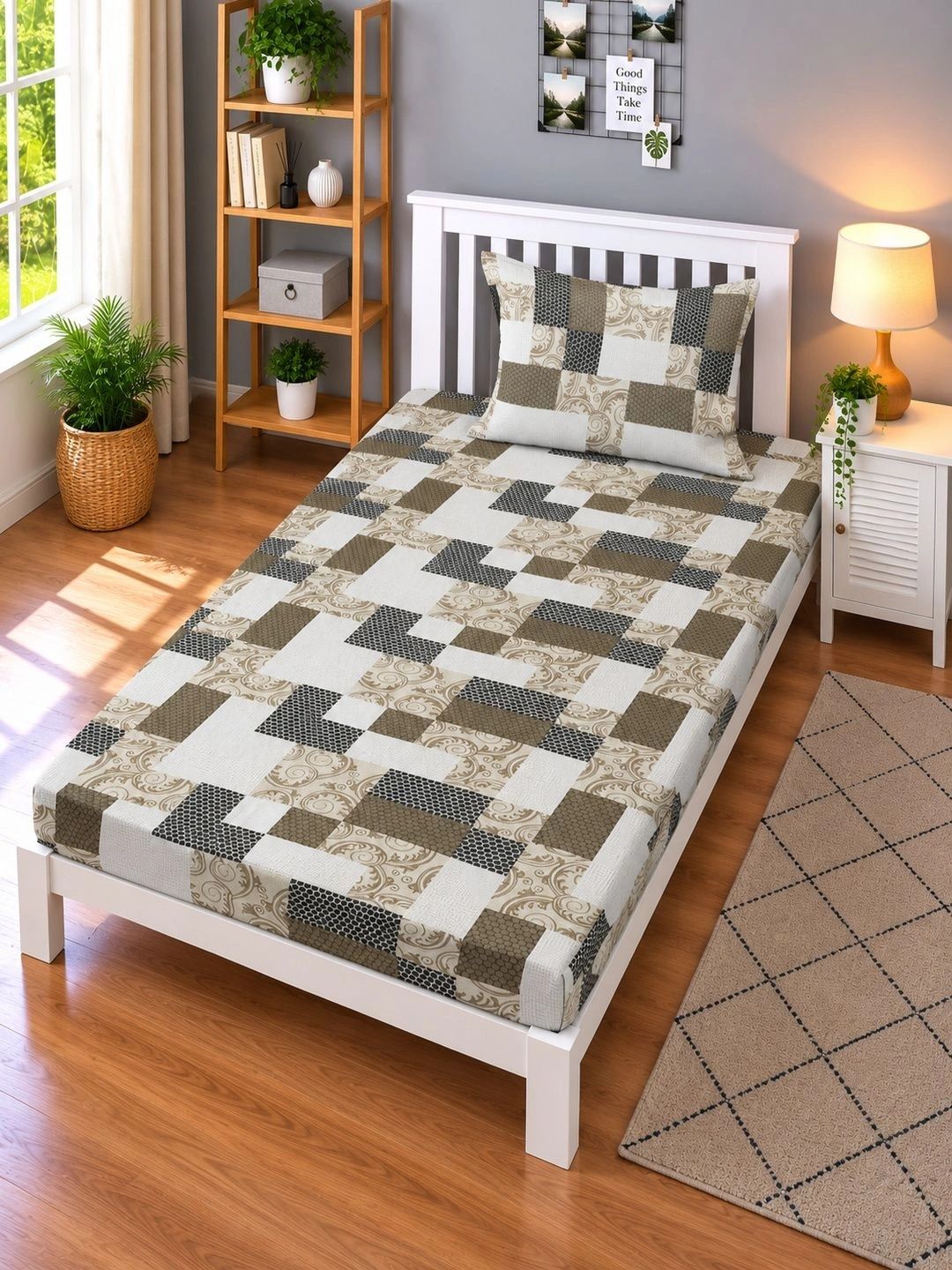 Moda Rapido X KLOTTHE Black & Brown Geometric 400 TC Single Bedsheet with 1 Pillow Covers