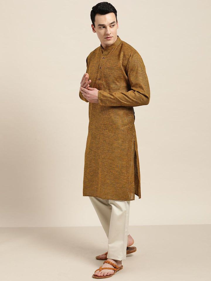 SOJANYA Men Mustard Yellow & Charcoal Grey Striped Straight Kurta