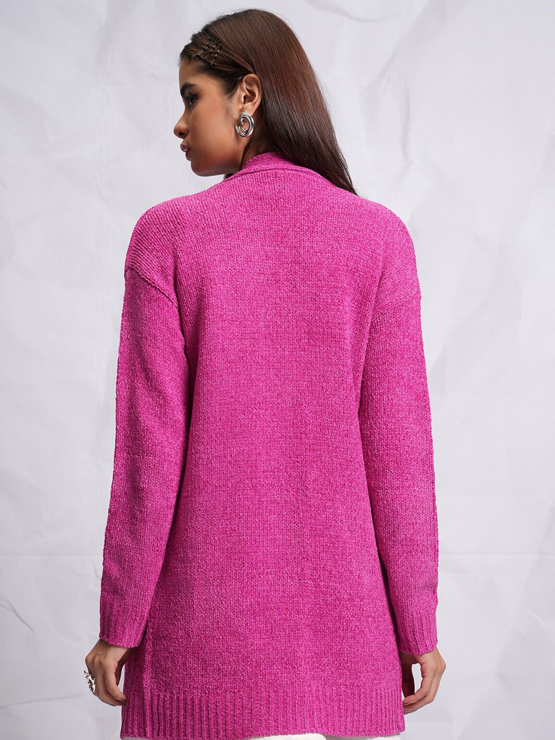 Tokyo Talkies Relaxed Fit Self Design Longline Acrylic Front-Open Sweater