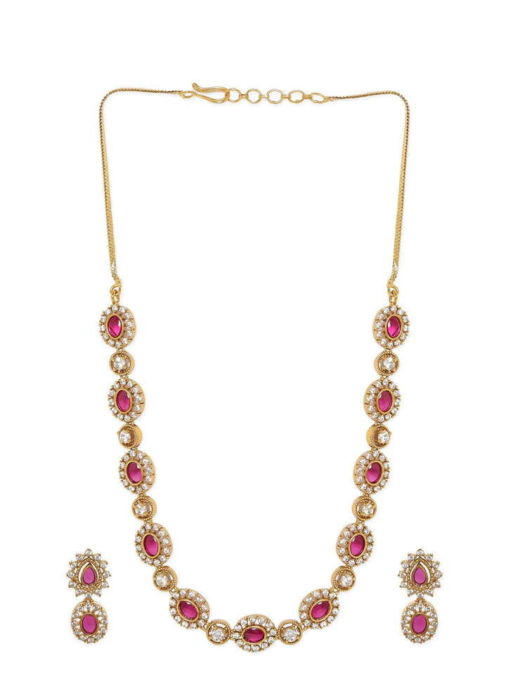Rubans 22K Gold-Plated Ruby Pink Kundan & White Zirconia Studded Classic Necklace Set