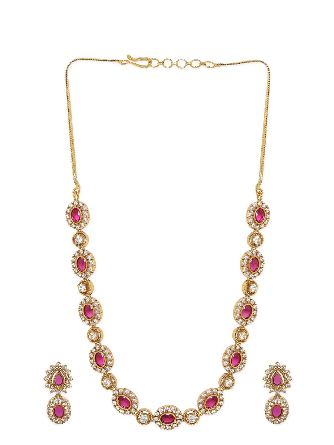Rubans 22K Gold-Plated Ruby Pink Kundan & White Zirconia Studded Classic Necklace Set