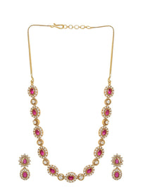 Rubans 22K Gold-Plated Ruby Pink Kundan & White Zirconia Studded Classic Necklace Set