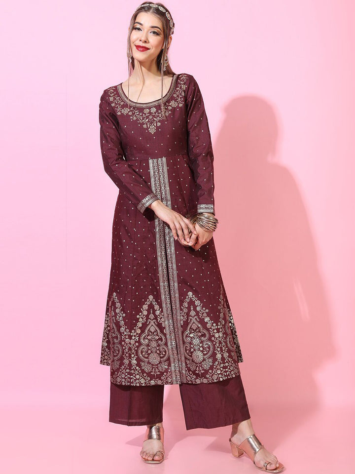 Vishudh Women Maroon Floral Embroidered Kurta with Palazzos