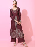 Vishudh Women Maroon Floral Embroidered Kurta with Palazzos