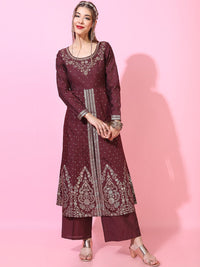 Vishudh Women Maroon Floral Embroidered Kurta with Palazzos
