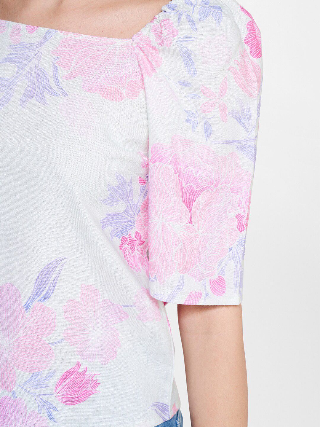 AND Floral Printed Puff Sleeves Linen Top