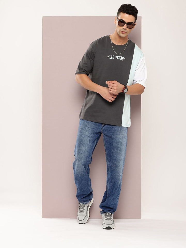 DILLINGER Men Colourblocked Drop-Shoulder Sleeves Oversized Embossed Pure Cotton T-shirt
